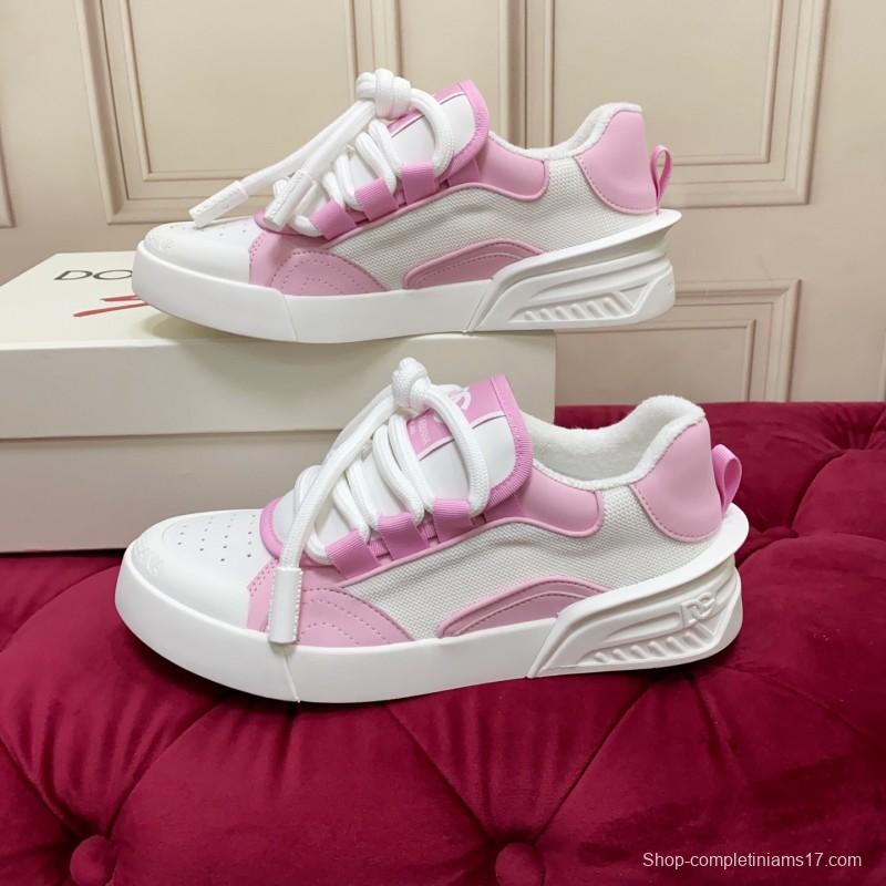 2025 Women Dolce & Gabbana White Pink Leather Mesh Sneakers