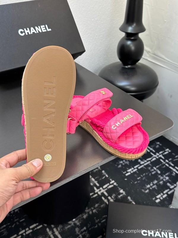 2025 Slippers Chanel Pink Quilted Fabric Espadrille LY00250