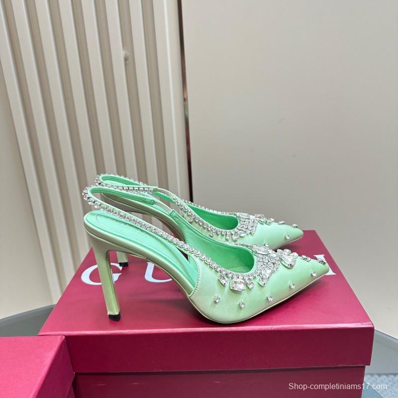 2025 Women Gucci Green Satin Slingback High Heel Crystal Embellished KFY00340