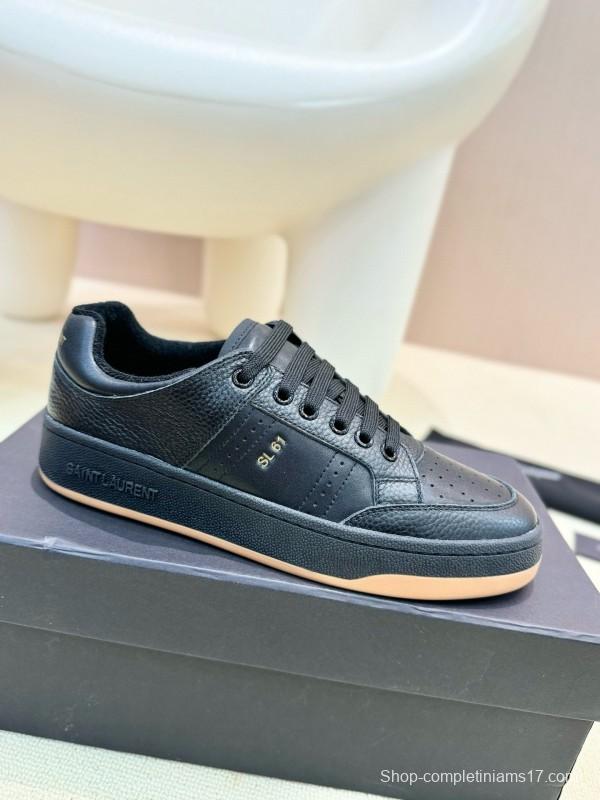 2024 Unisex Yves Saint Laurent Black Silk Grain Leather SL61 Casual Series Perforated MJ00350