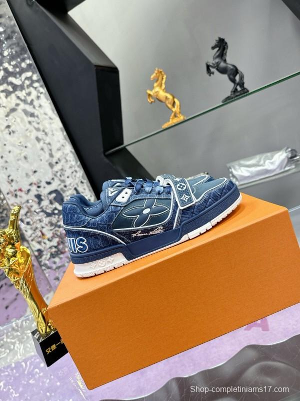 2024 Men Louis Vuitton Blue Denim Calfskin Silk Plimsolls Washed MJ00410
