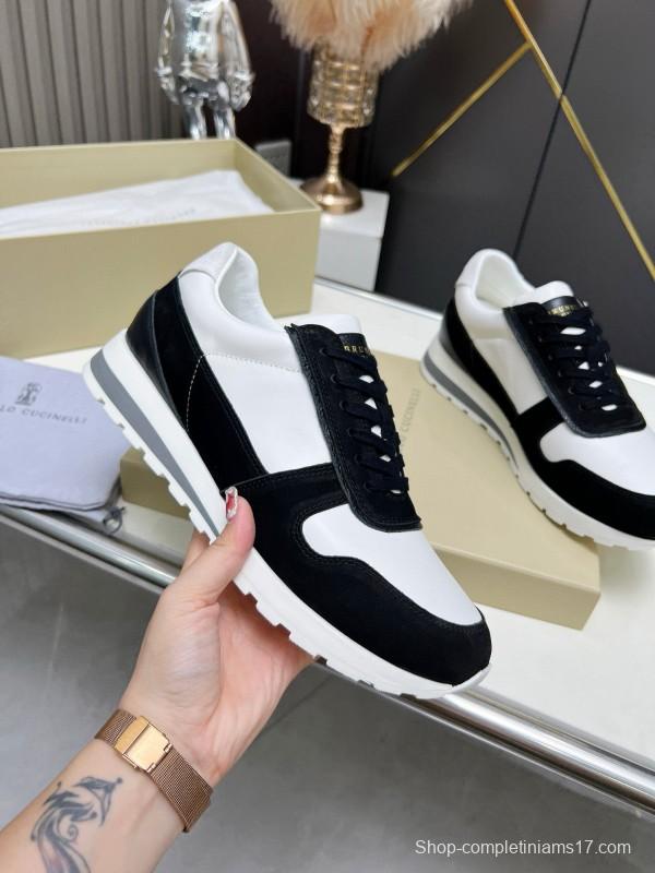 2024 Unisex Brunello Cucinelli Black White Suede Calfskin Leather Sneakers MJ00360