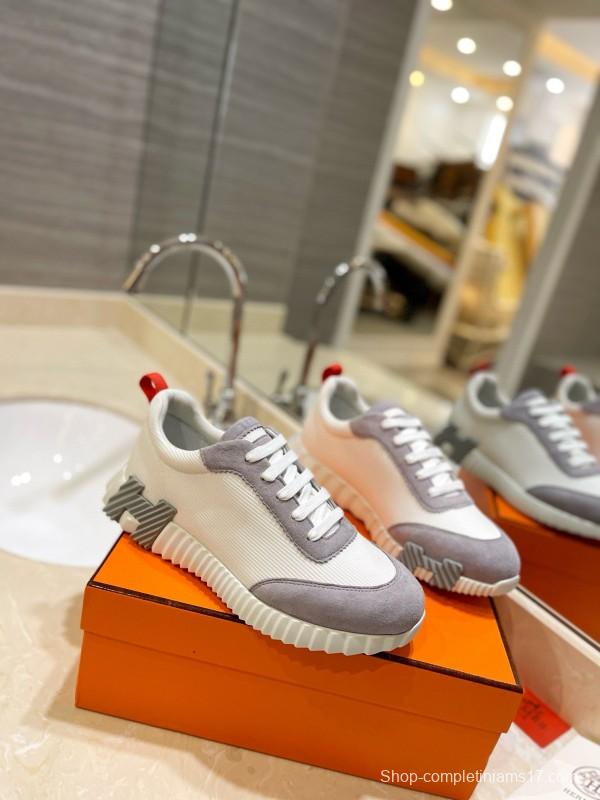 2024 Women Hermès white gray mesh suede sneakers