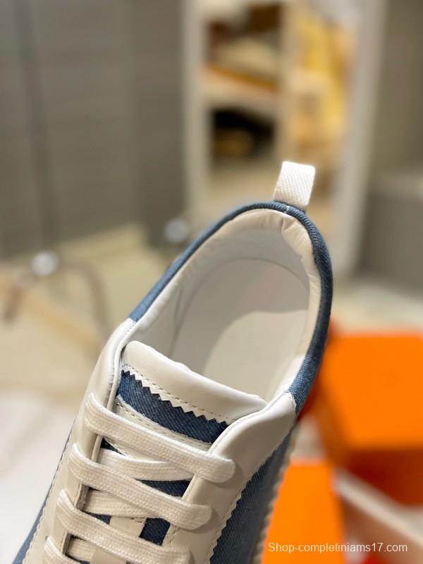 2024 Unisex Hermès Blue White Imported Silk Lambskin Casual Sneakers MJ00320