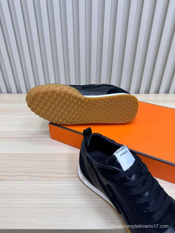 2025 Unisex Hermès Black Brown Suede Goat Leather Down Fabric Sneakers Top Version KFY00300