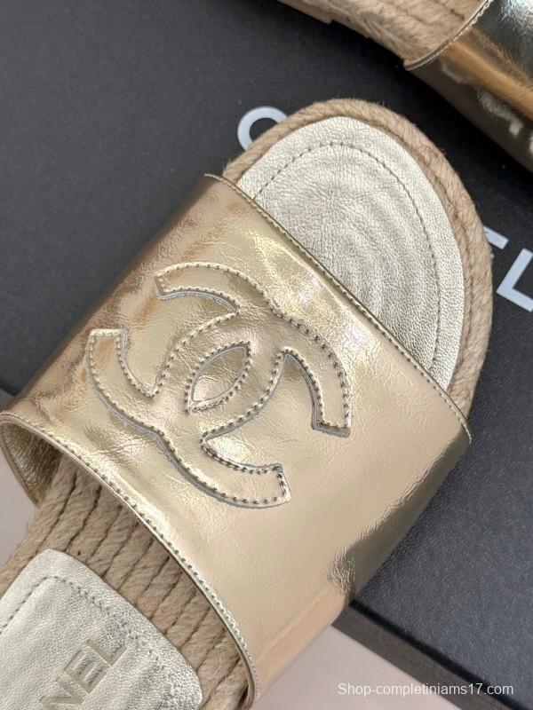 2025 Women Chanel Gold Leather Slippers