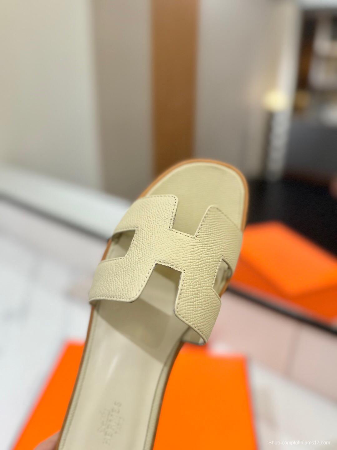 2025 Women Hermès Beige Leather Slippers