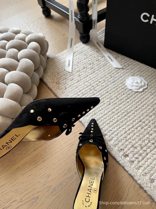 2025 Women Chanel Black Suede Pointed Toe Studded Mules