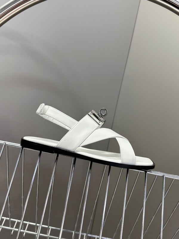 2025 Women Hermès White Calf Leather Sandals Metal Buckle KFY00300