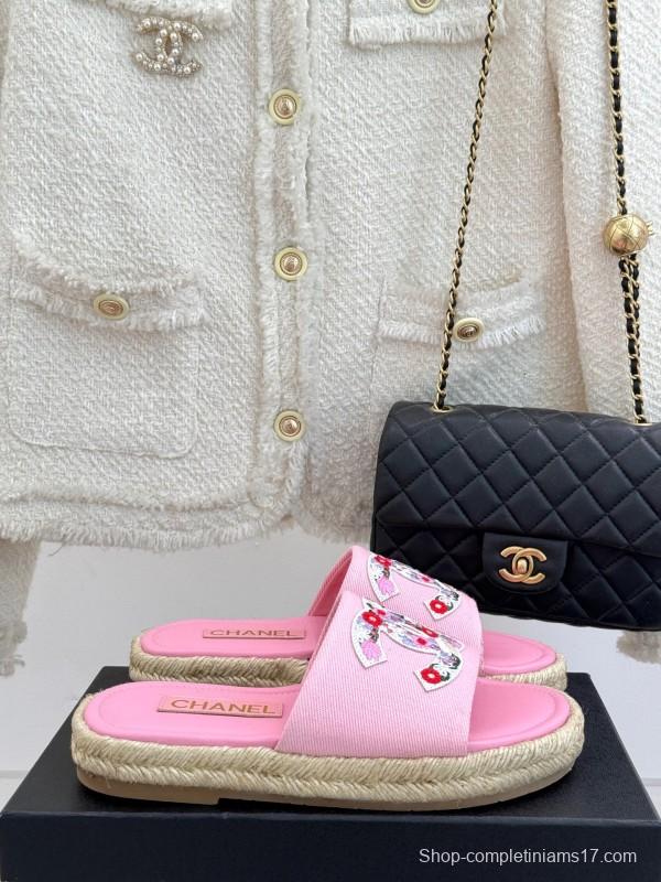 2025 Slippers Chanel Pink Canvas Embroidered KFY00230