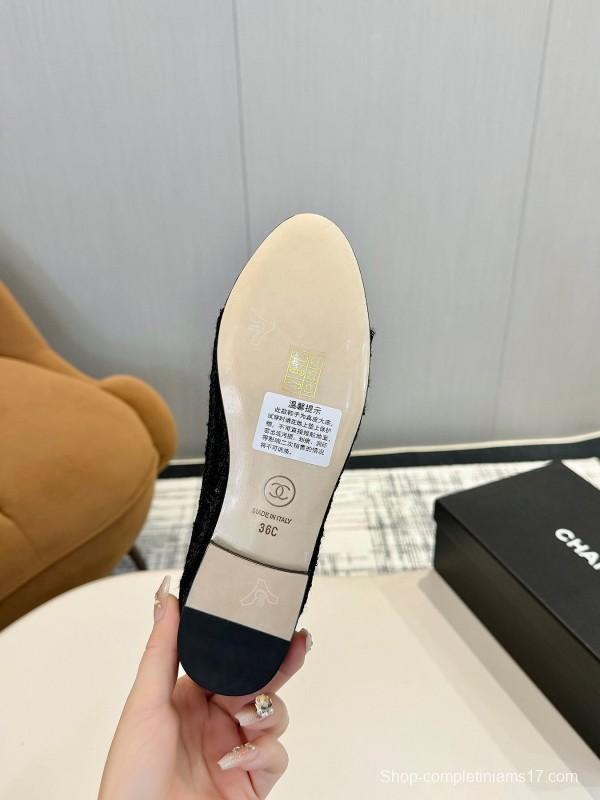 2025 Women Chanel Black Wool Ballet Flats LY00250