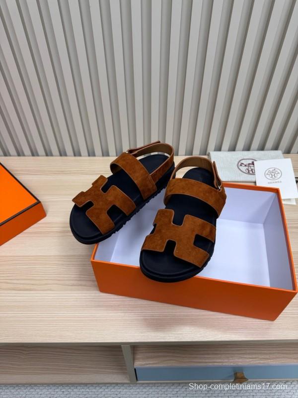 2025 Women Hermès Brown Suede Leather Sandals