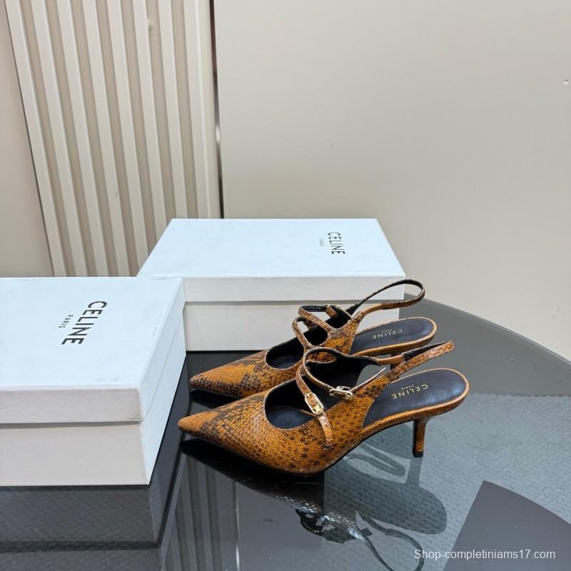 2025 Women Celine Brown Snake Leather Pointed Toe Slingback Heels