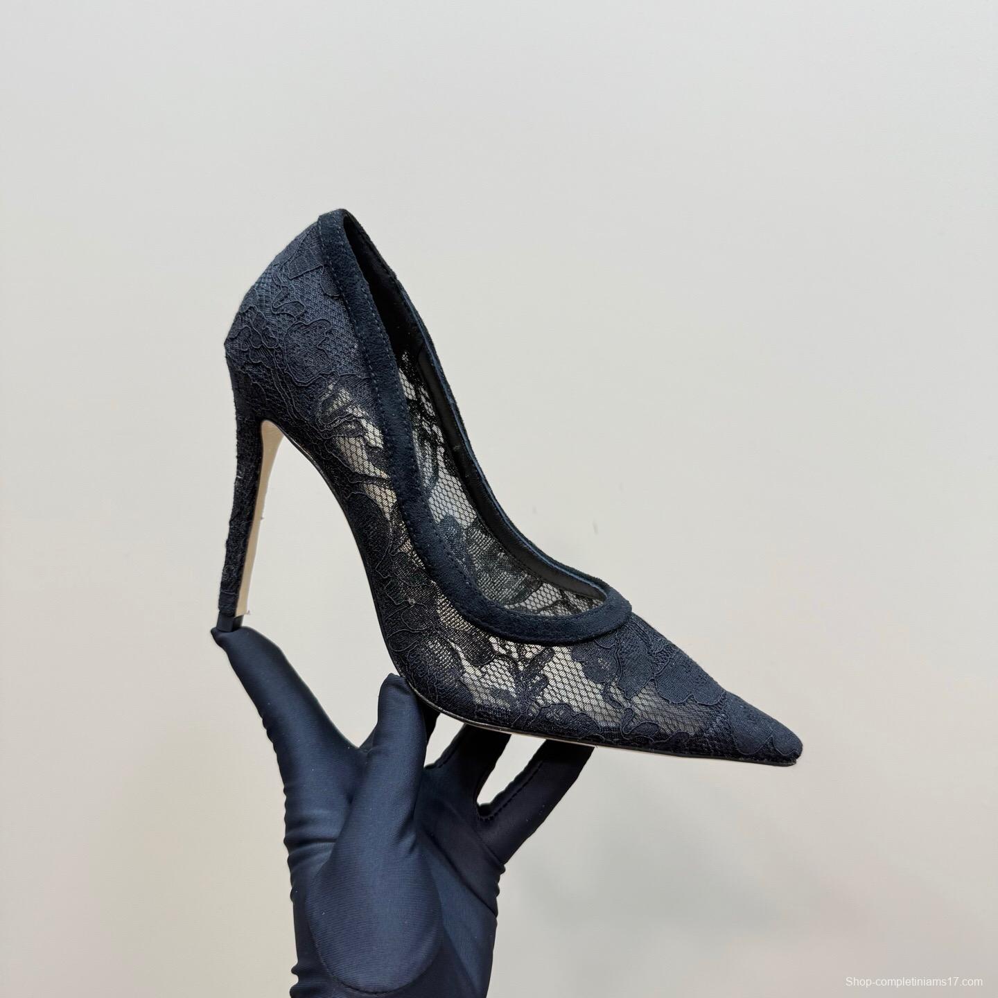 2025 Women Gianvito Rossi Black Lace Leather High Heel KFY00280