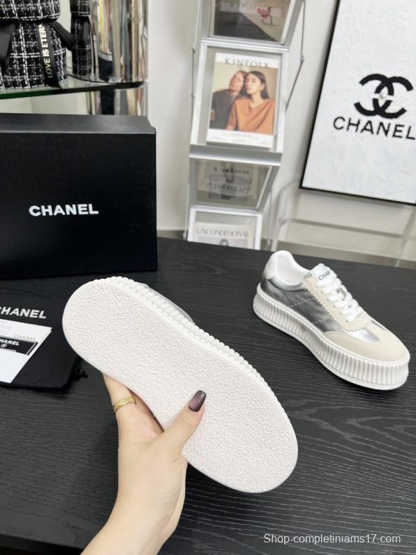 2025 Women Chanel White Silver Suede Leather Sneakers LY00270