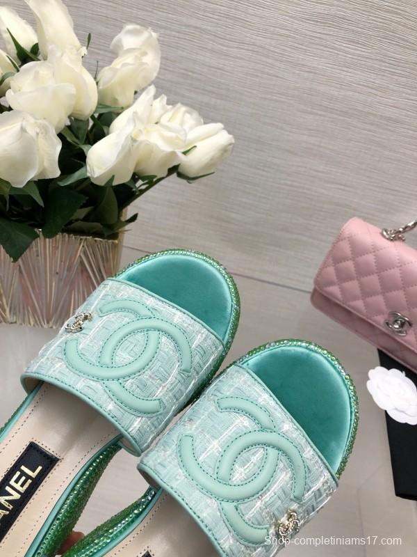 2025 Women Chanel Green Turquoise Tweed Platform Slippers LY00320