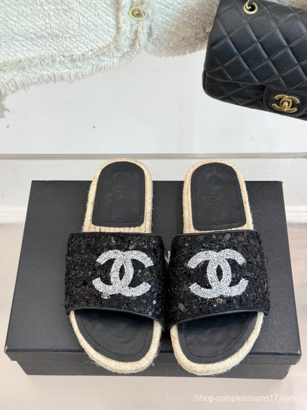 2025 Women Chanel Black Sequin Espadrille Slides Classic Double C Logo Handmade Braided Sole KFY00240(F)