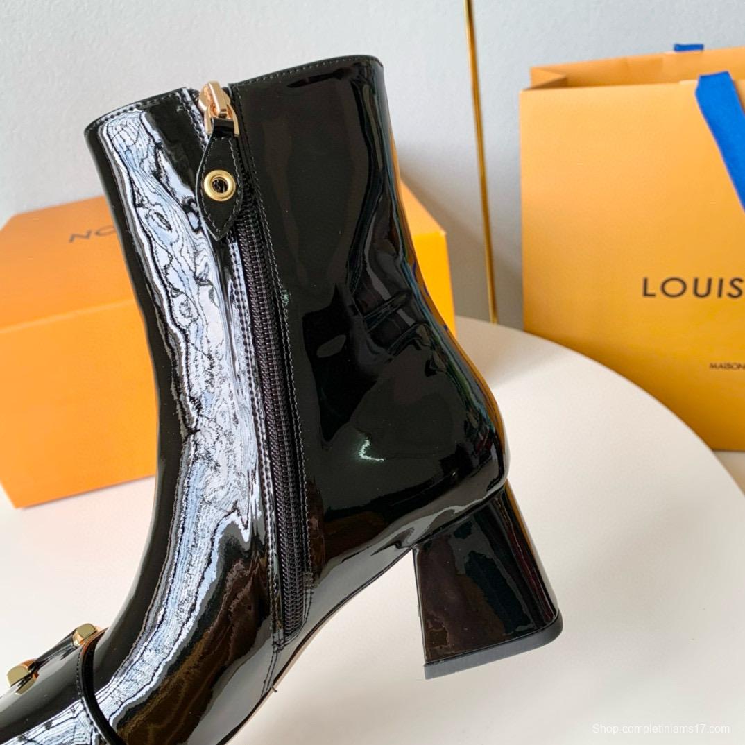 2024 Women Louis Vuitton Black Patent Leather Ankle Boots MJ00420