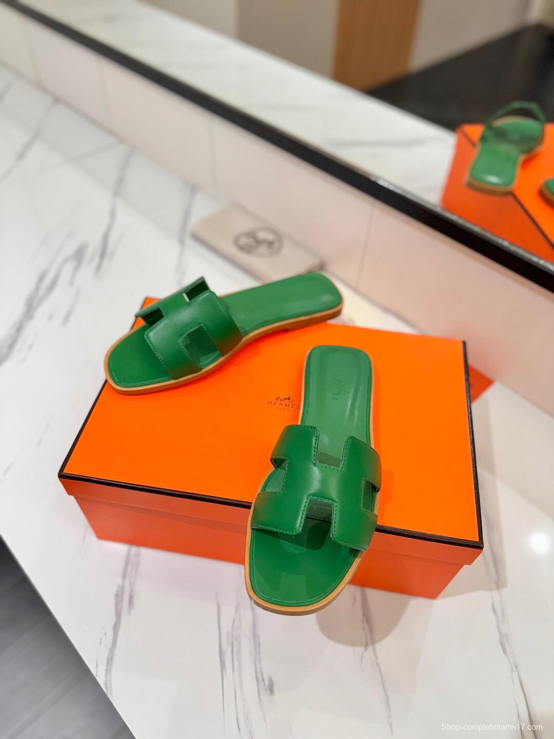 2025 Women Hermès Green Leather Slippers