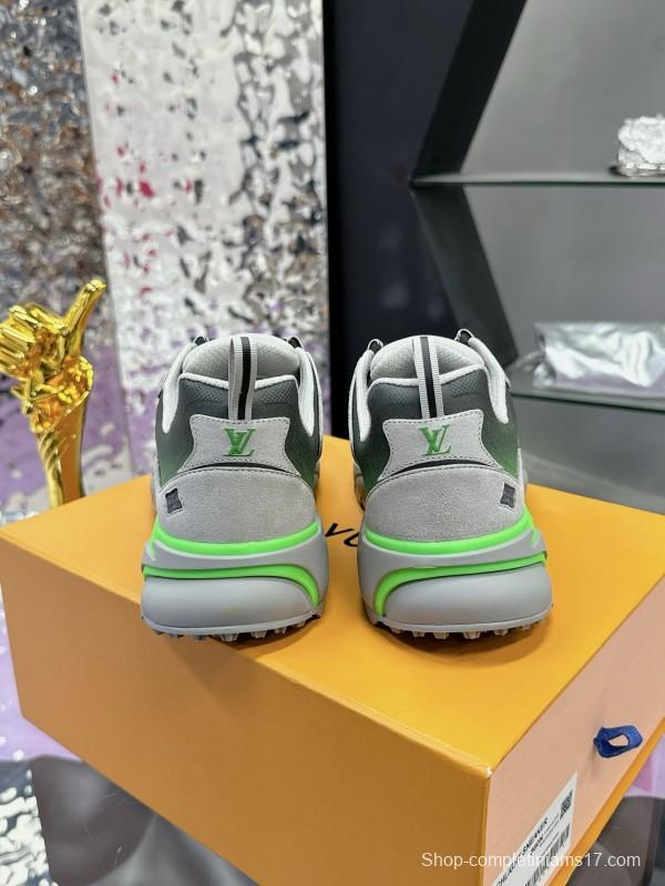 2025 Men Louis Vuitton Green Grey Mesh Leather Sneakers MJ00420