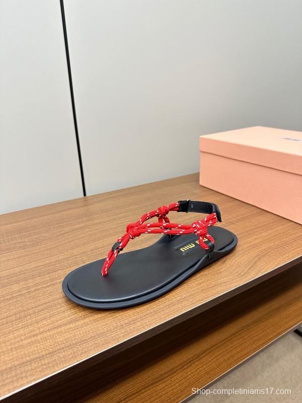 2025 Women Miu Miu Black Red Leather Sandals