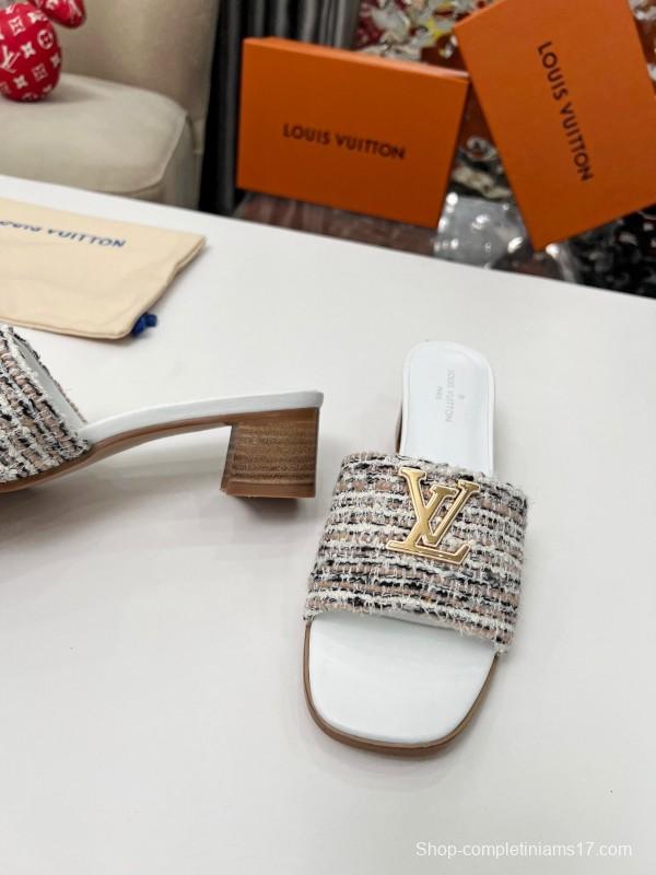 2025 Women Louis Vuitton White Brown Tweed Leather Sandals LY00220