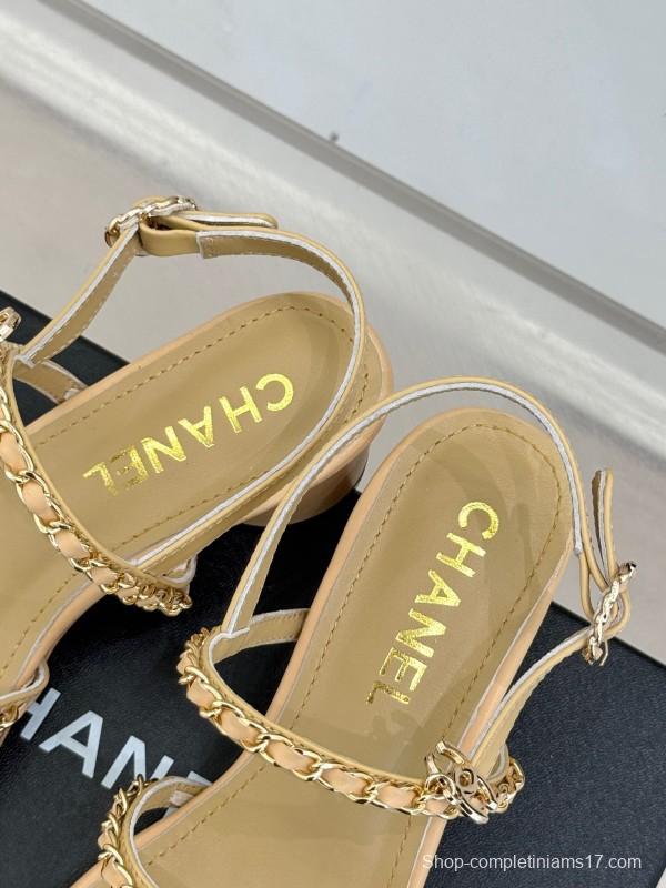 2025 Women Chanel Beige Lambskin Chain Strap Block Heel Sandals