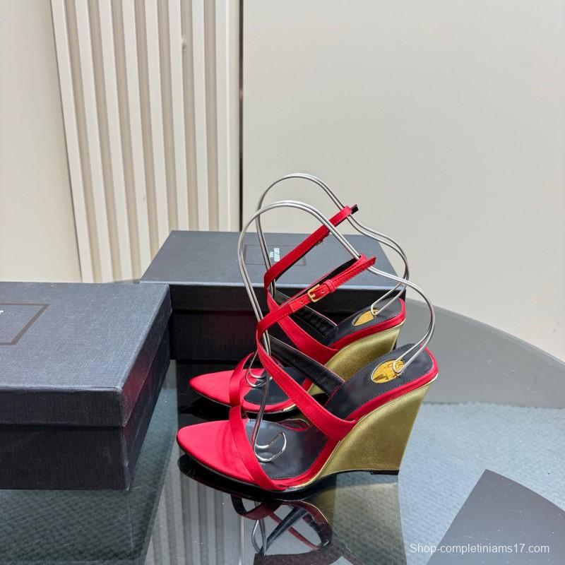2025 Women Yves Saint Laurent Red Silk Wedge Sandals Elegant Craftsmanship LY00360(F)