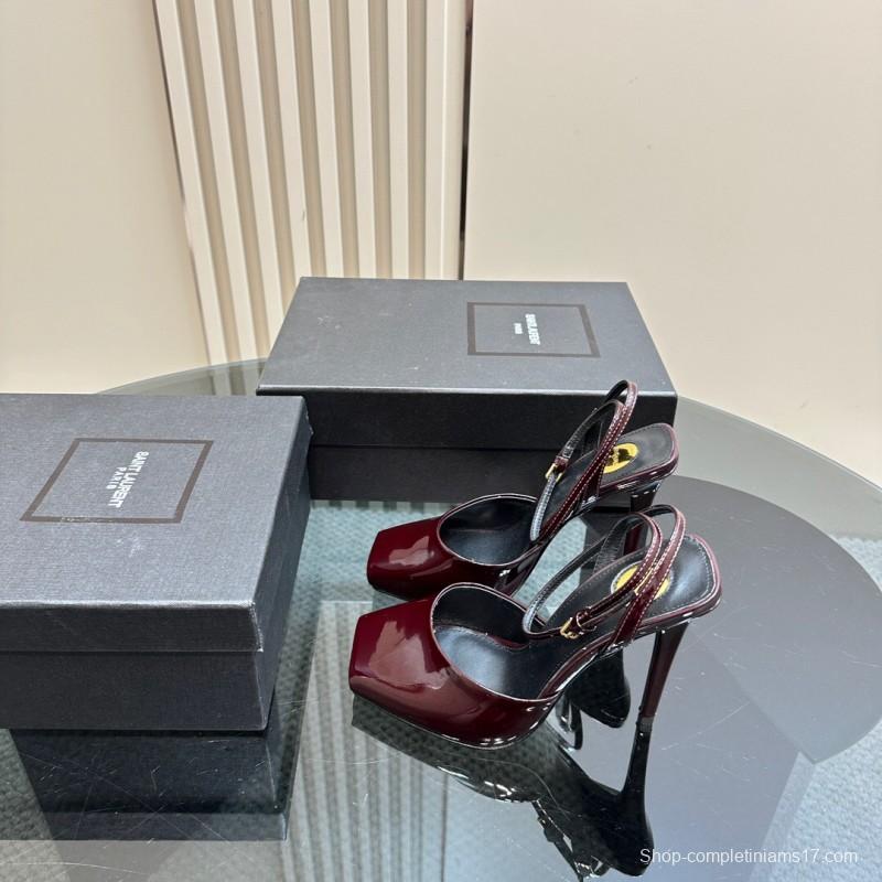 2025 Women Yves Saint Laurent Burgundy Patent Leather Slingback Heels