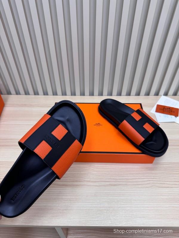 2025 Slippers Hermès Orange Black Leather Slippers