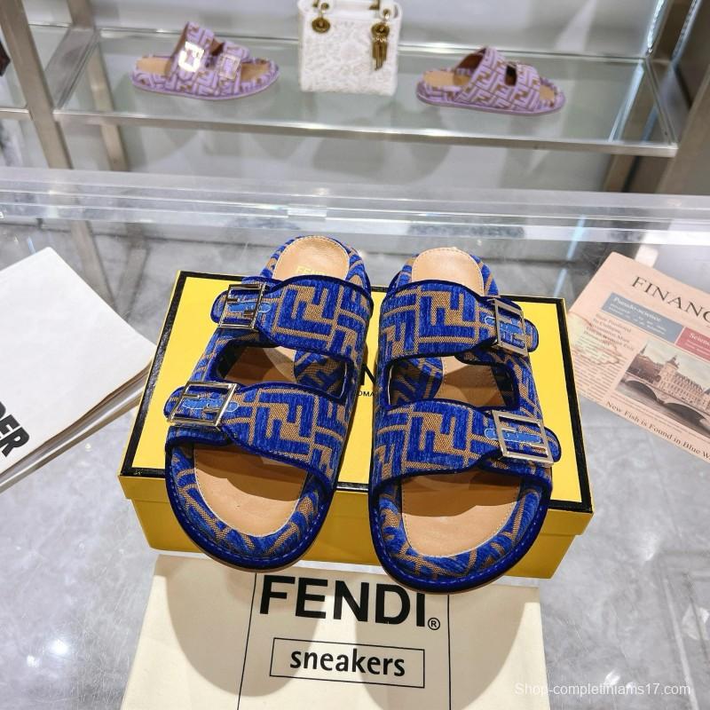 2025 Fendi Blue Fabric Leather Slippers MJ00230