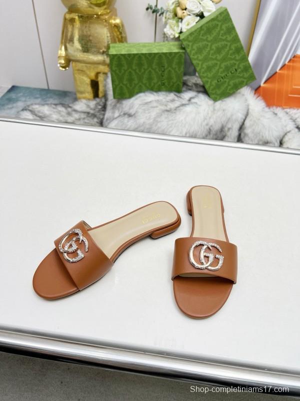 2025 Gucci Camel Leather Slippers GG Buckle MJ00190/225