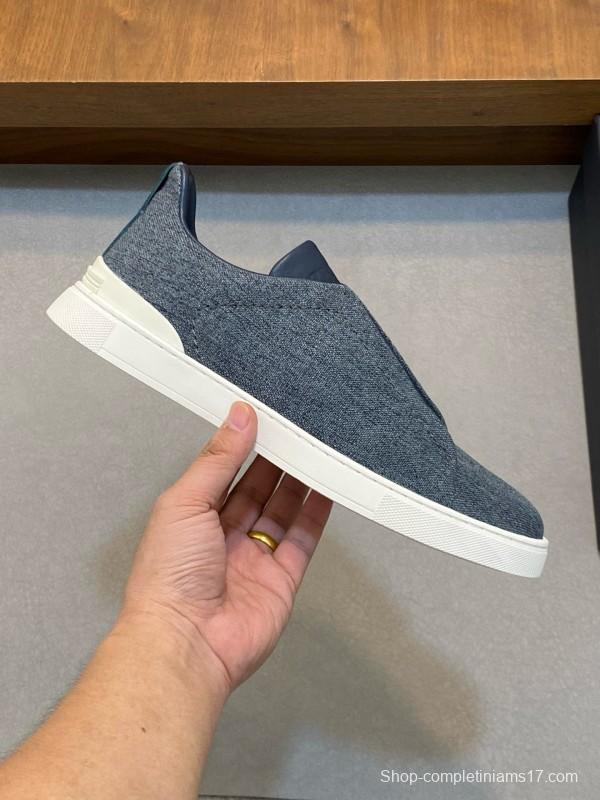 2024 Unisex Ermenegildo Zegna Grey Blue Pelletessuta Calfskin Sneakers Stretch Detail MJ00280
