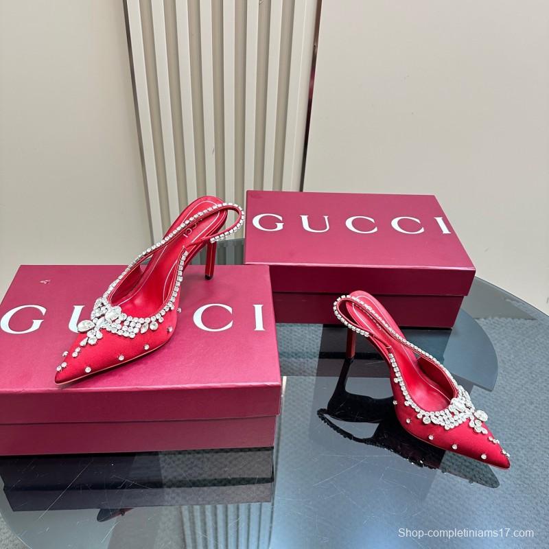 2025 Women Gucci Red Silk Rhinestone Embellished Heels KFY00340