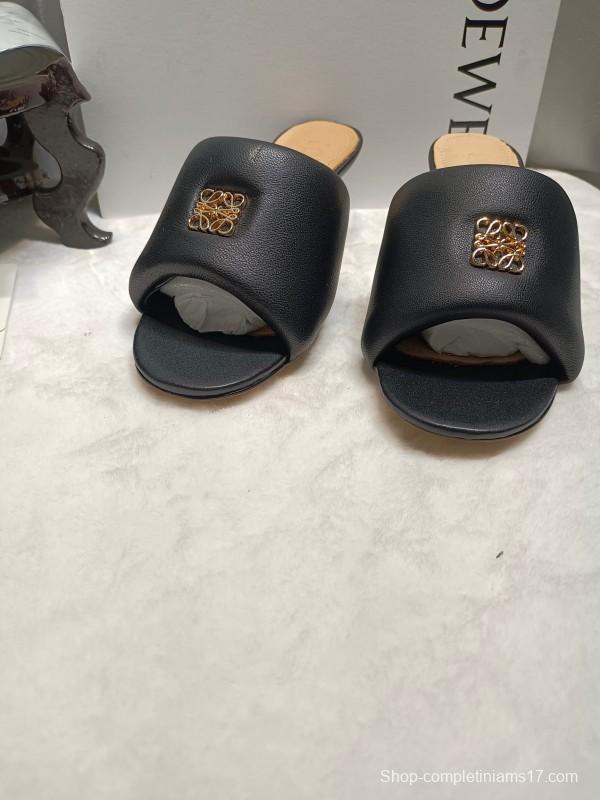2025 Women Loewe Black Leather Slippers