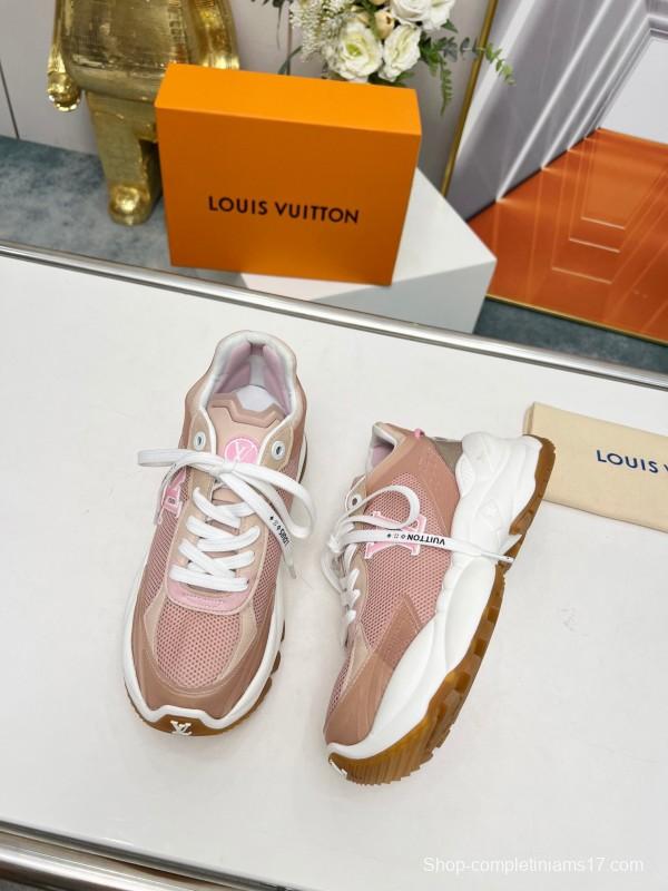 2025 Women Louis Vuitton Pink White Mesh Leather Sneakers LY00340