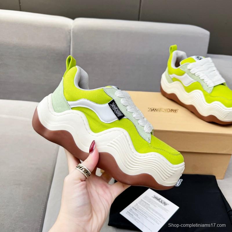 2025 Women HEYDAY Yellow White Green Canvas Leather Wave Bread Sneakers KFY00260