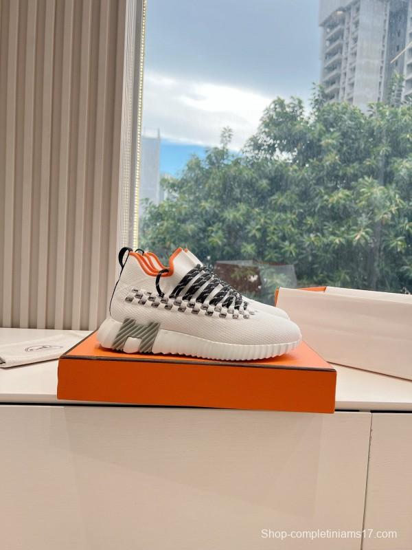2024 Unisex Hermès White Black Orange Calfskin Suede Knit Sneakers MJ00290