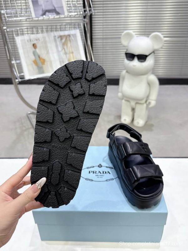 2025 Women Prada Black Leather Sandals