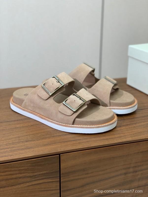 2025 Unisex Brunello Cucinelli Beige Suede Leather Slippers KFY00250