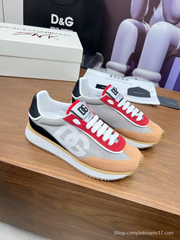 2025 Unisex Dolce & Gabbana Gray Red Beige PU Leather Mesh Sneakers LY00300
