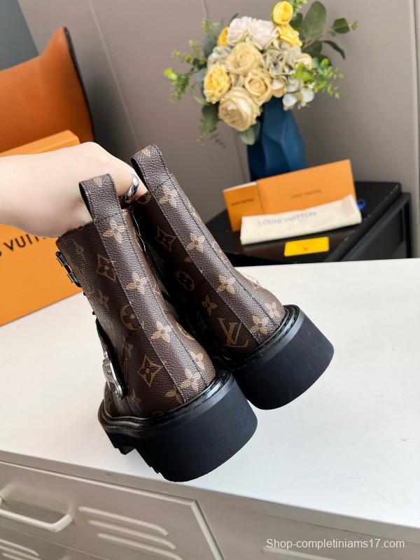 2024 Women Louis Vuitton Brown Black Leather Ankle Boots MJ00310