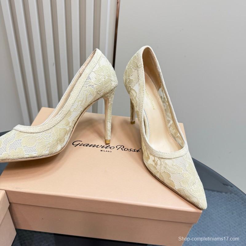 2025 Women Gianvito Rossi Beige Lace Leather High Heels KFY00280