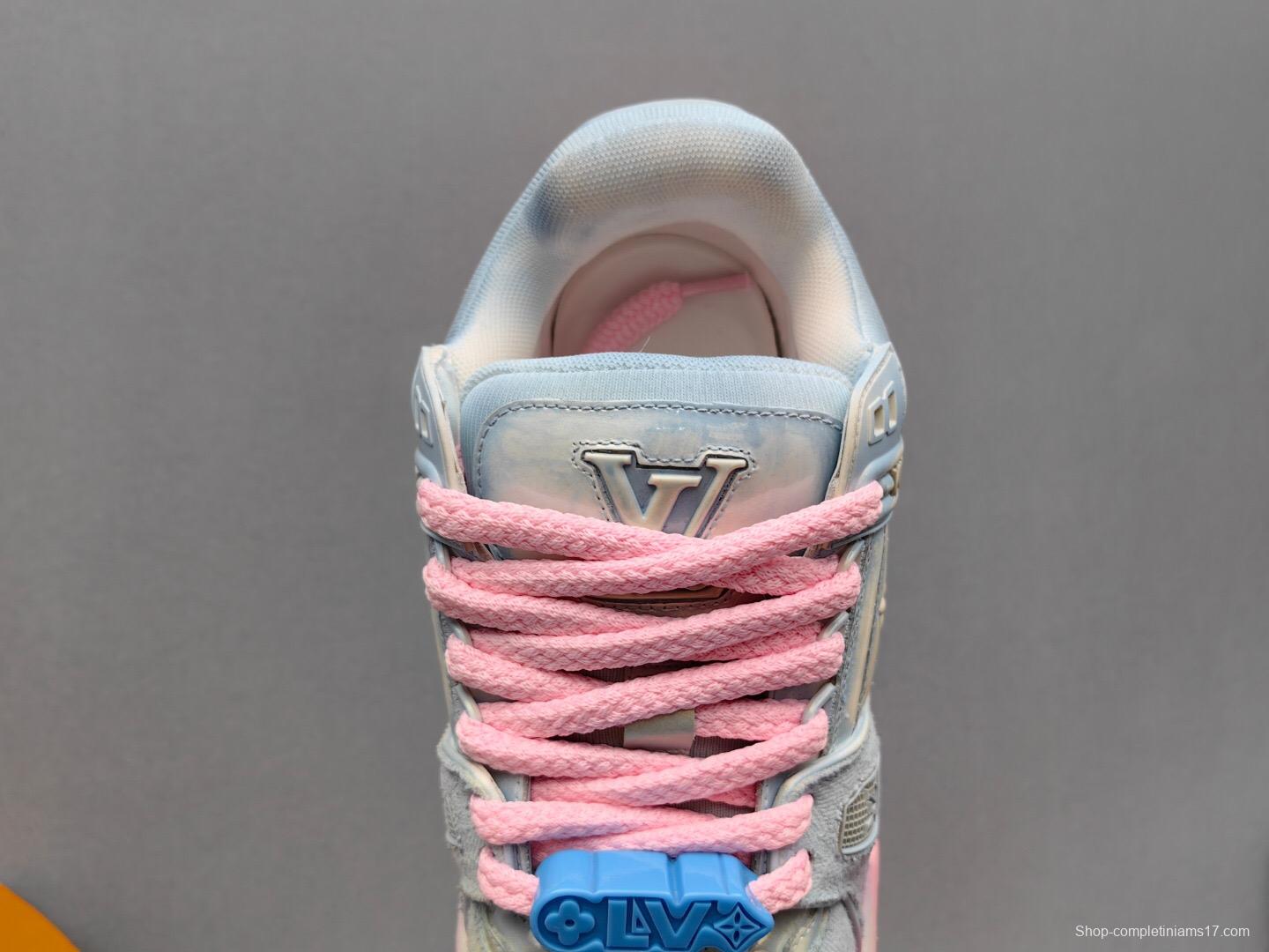 2025 Unisex Louis Vuitton Pink Grey Denim Sneakers KFY00510