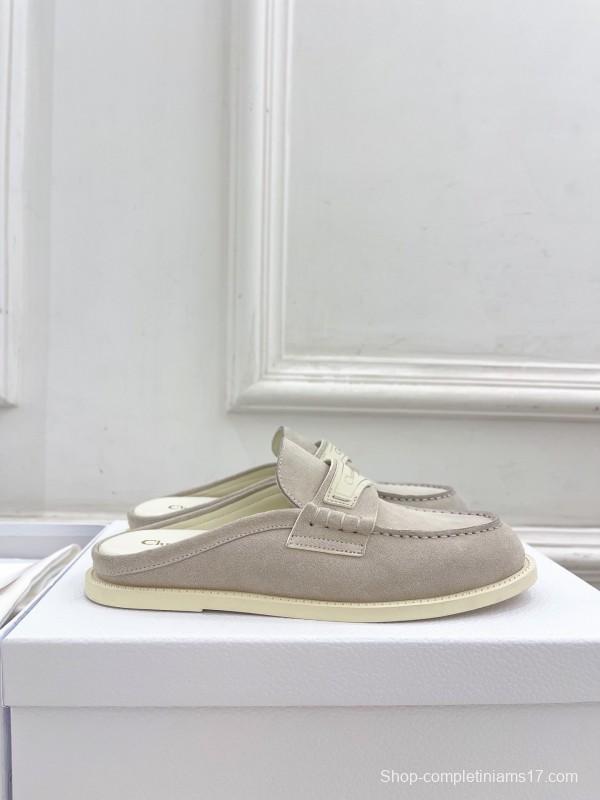 2025 Women Dior Beige Suede Mule Loafers Vintage Style Handmade LY00360(F)