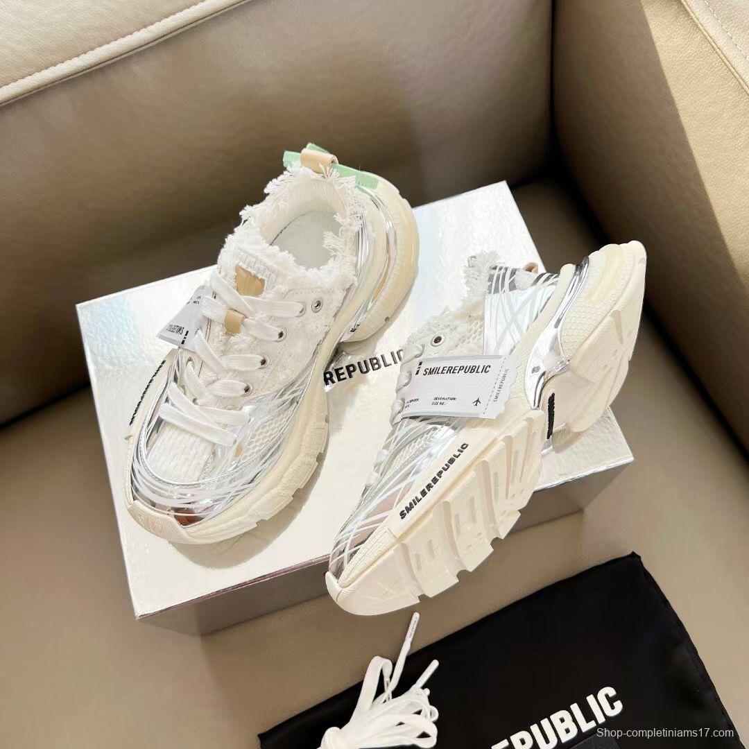 2025 Unisex Smilerepublic White Silver Mesh Leather Fur Sneakers