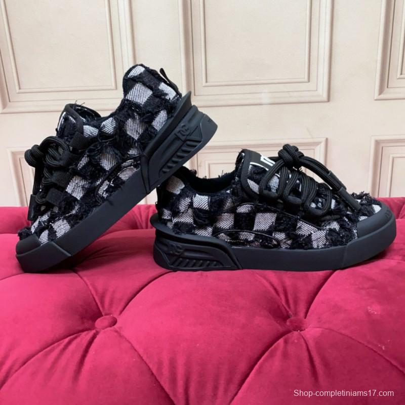 2024 Unisex Dolce & Gabbana Black White Wool Leather Sneakers MJ00340