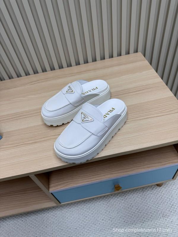 2025 Women Prada White Leather Slippers KFY00280