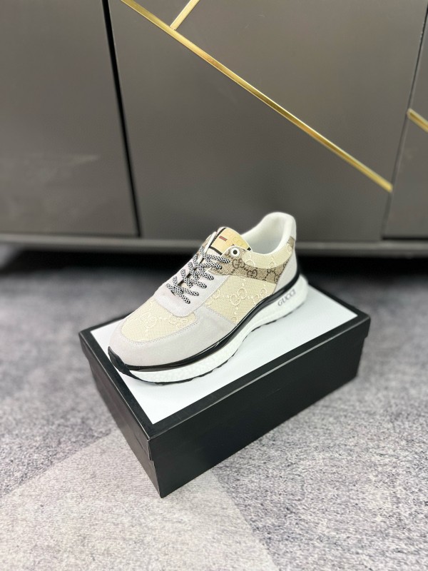 2024 Men Gucci Beige Brown Canvas Leather Sneakers MJ00260