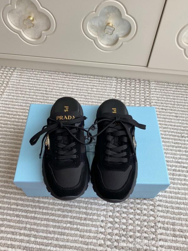 2025 Women Prada Black Nylon Leather Sneakers LY00290